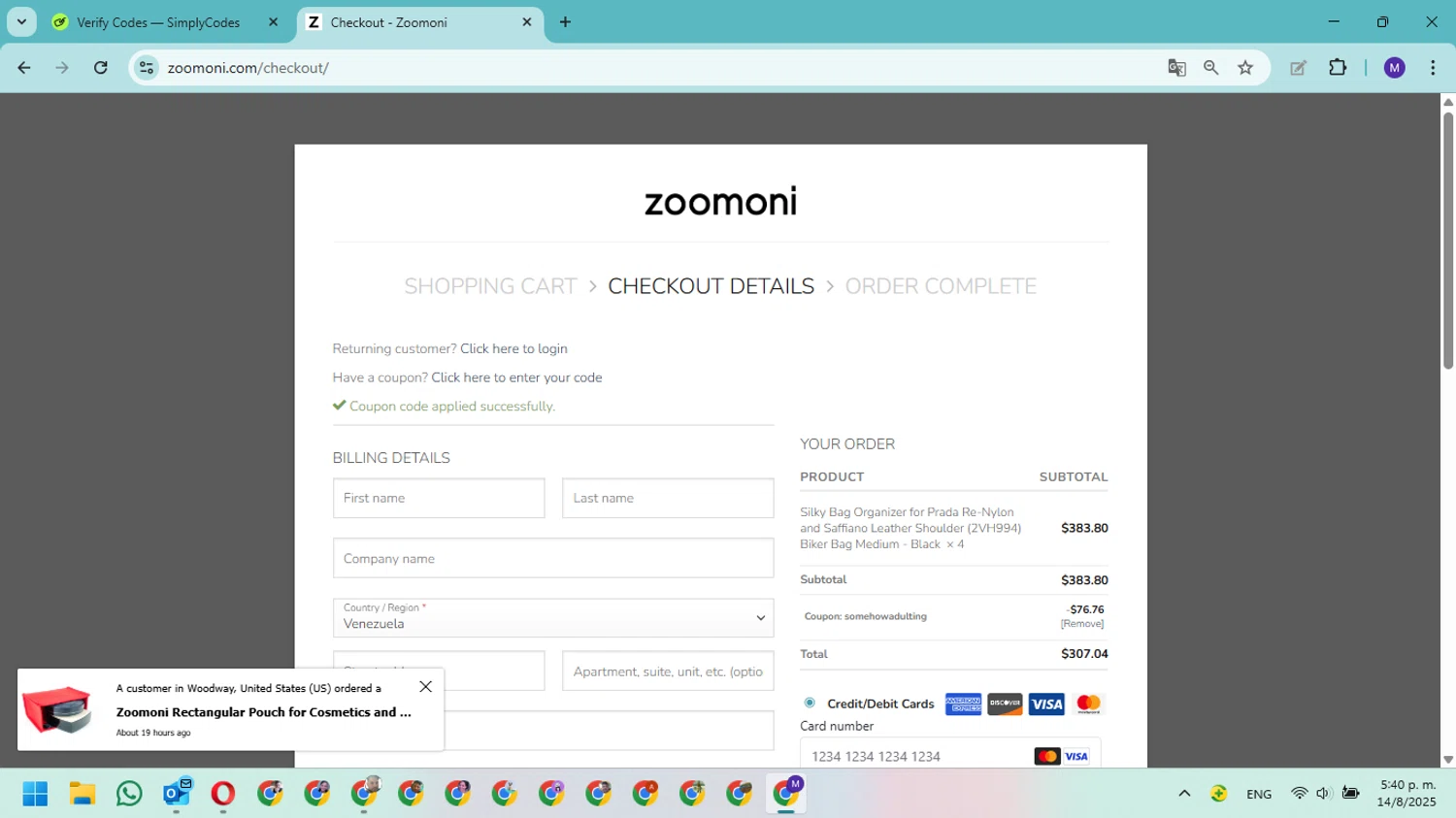 Zoomoni coupon code screenshot showing code SOMEHOWADULTING applied at Zoomoni checkout page. Uploaded by SimplyCodes community member Fundolaroca on Aug 14, 2025