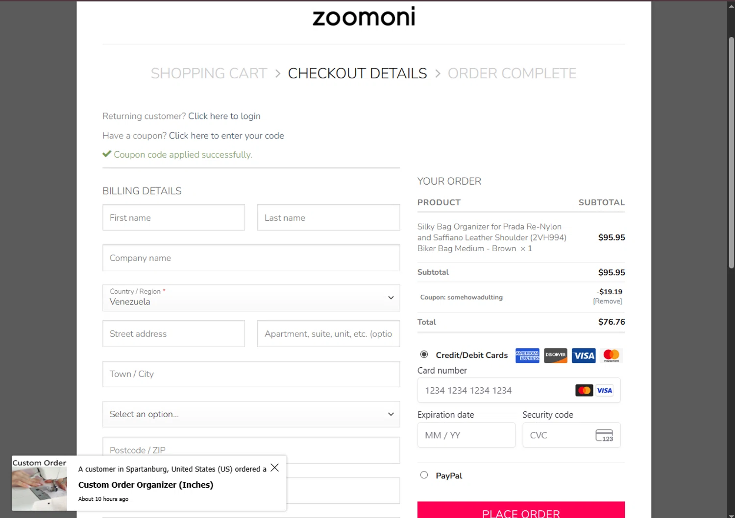 Zoomoni coupon code screenshot showing code SOMEHOWADULTING applied at Zoomoni checkout page. Uploaded by SimplyCodes community member FortunateDefender7285 on Aug 14, 2025