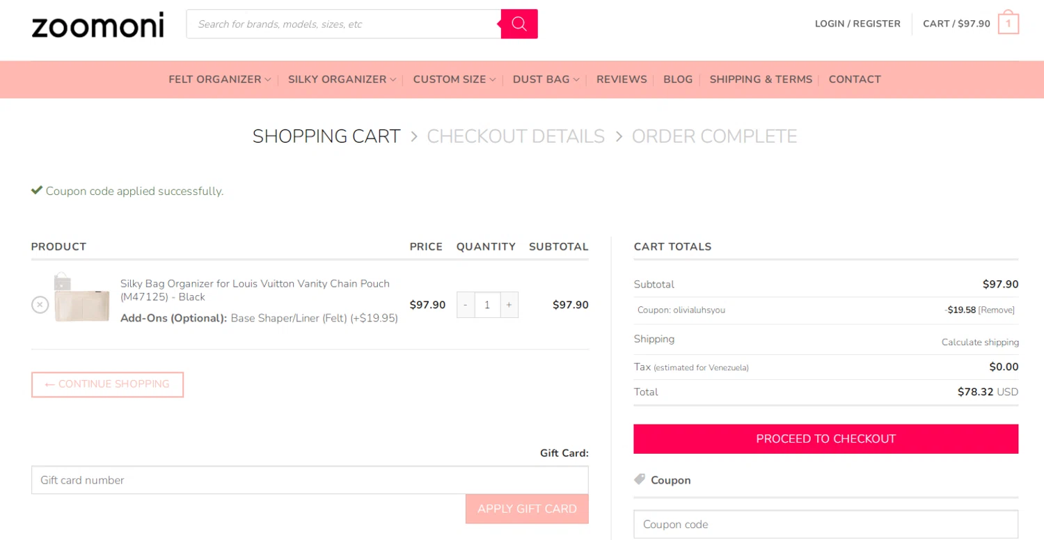 Zoomoni coupon code screenshot showing code OLIVIALUHSYOU applied at Zoomoni checkout page. Uploaded by SimplyCodes community member RonaldAcunaJr on Sep 13, 2025