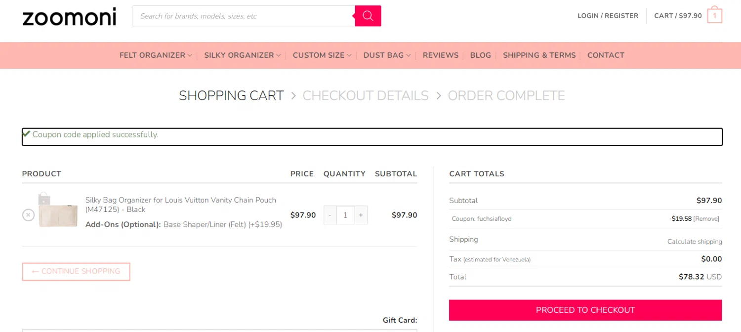 Zoomoni coupon code screenshot showing code FUCHSIAFLOYD applied at Zoomoni checkout page. Uploaded by SimplyCodes community member RonaldAcunaJr on Sep 13, 2025