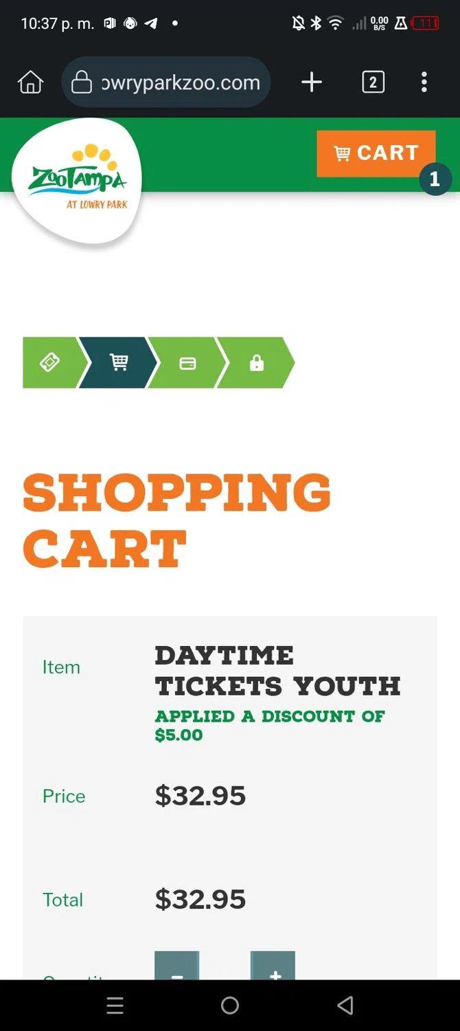 ZooTampa checkout page showing ZooTampa promo code box | Screenshot taken by SimplyCodes community member on Feb 6, 2025