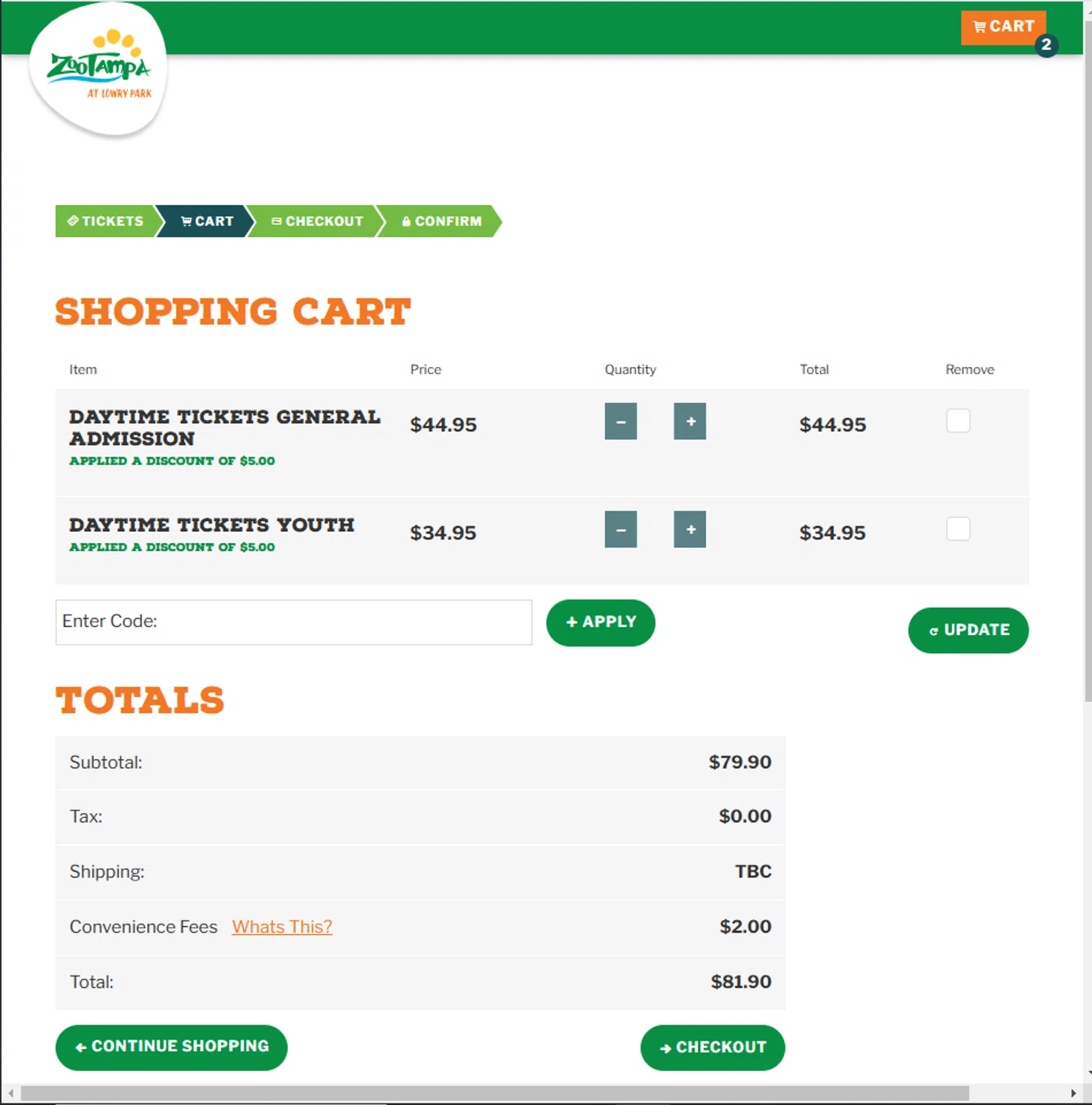 ZooTampa promo code screenshot showing code WSPORT applied at ZooTampa checkout page. Uploaded by SimplyCodes community member Frionel_Pessi on Mar 15, 2025