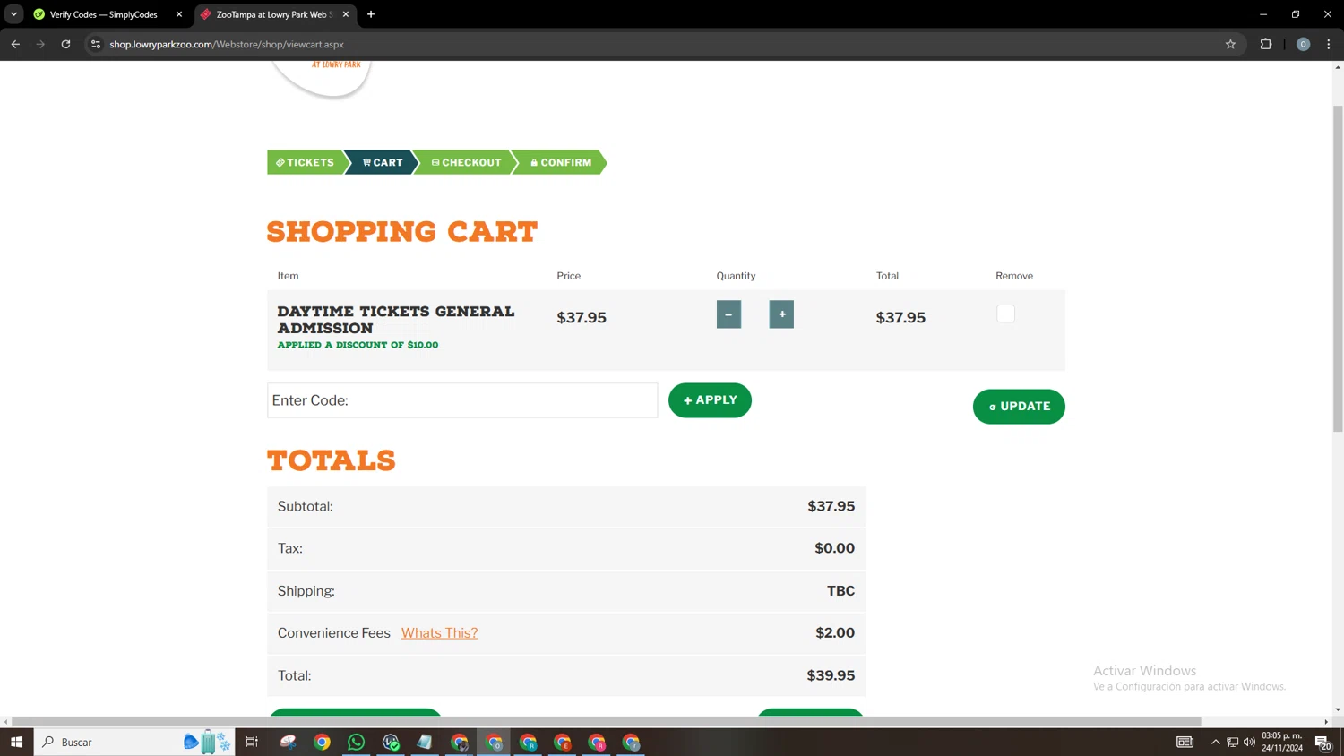 ZooTampa checkout page showing ZooTampa promo code box | Screenshot taken by SimplyCodes community member on Nov 24, 2024
