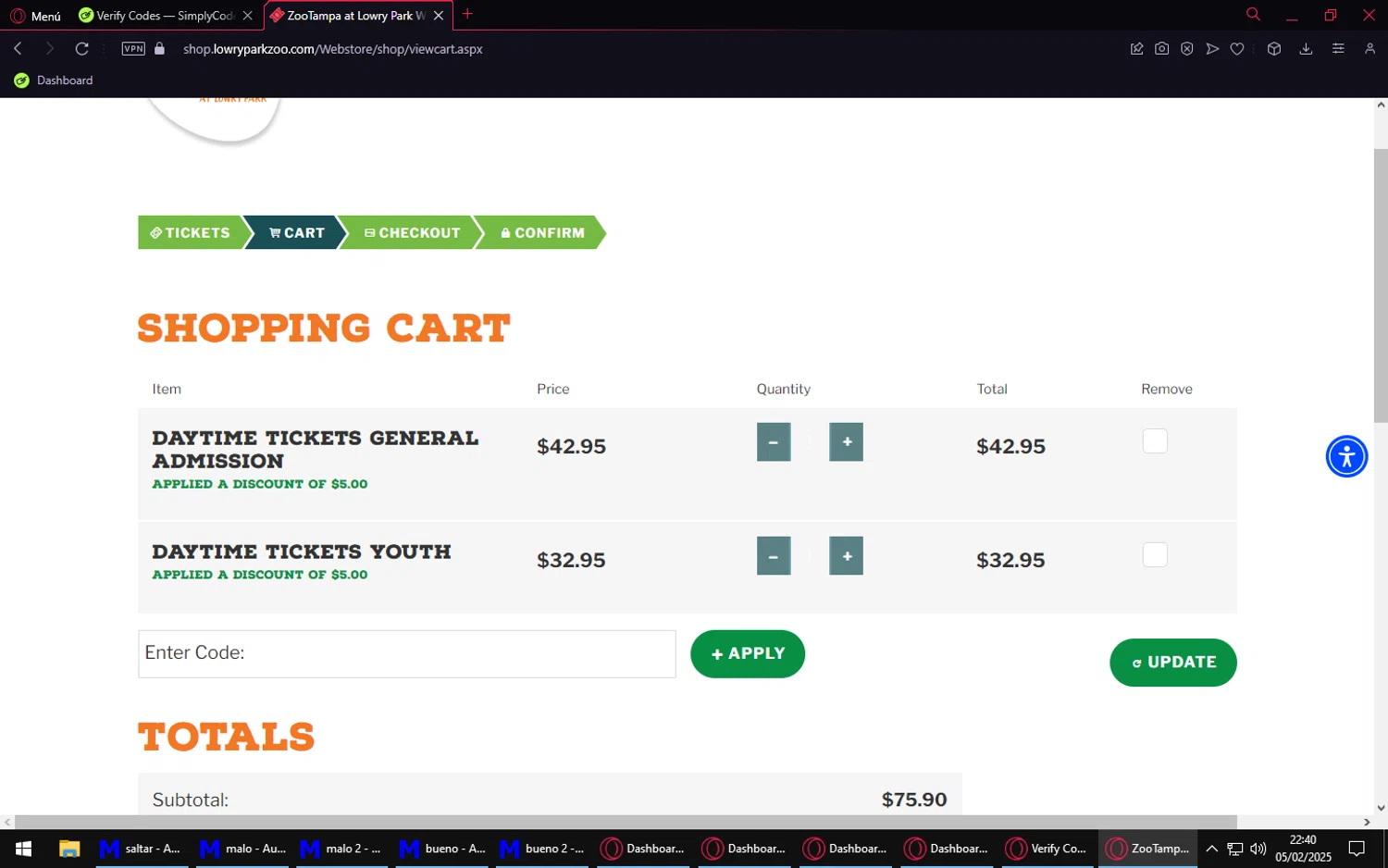 ZooTampa checkout page showing ZooTampa promo code box | Screenshot taken by SimplyCodes community member on Feb 6, 2025