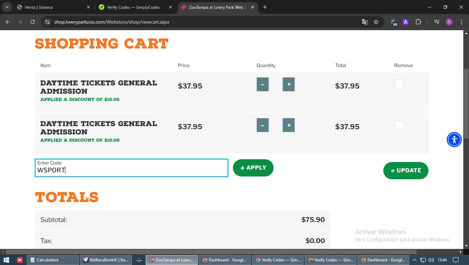 ZooTampa checkout page showing ZooTampa promo code box | Screenshot taken by SimplyCodes community member on Dec 17, 2024