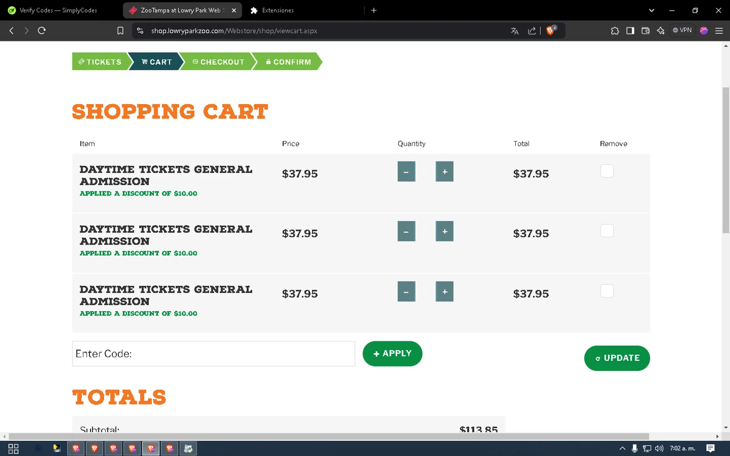 ZooTampa checkout page showing ZooTampa promo code box | Screenshot taken by SimplyCodes community member on Oct 16, 2024