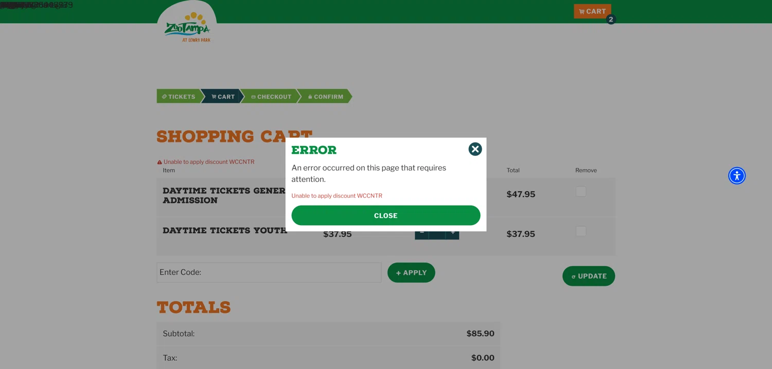 ZooTampa promo code screenshot showing code WCCNTR applied at ZooTampa checkout page. Uploaded by SimplyCodes community member VoucherOwl7951 on Feb 16, 2025