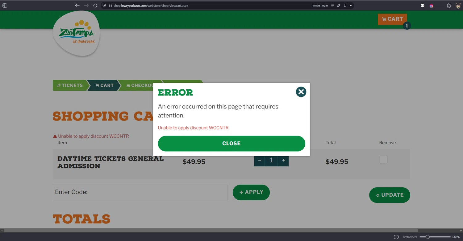 ZooTampa promo code screenshot showing code WCCNTR applied at ZooTampa checkout page. Uploaded by SimplyCodes community member fiadaz on Mar 12, 2025