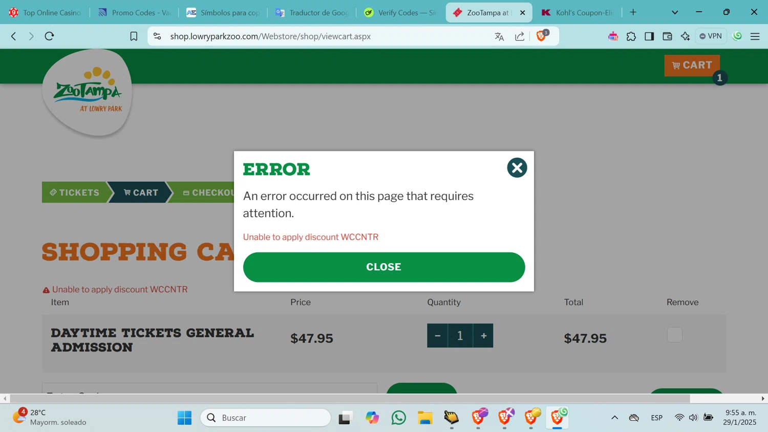 ZooTampa promo code screenshot showing code WCCNTR applied at ZooTampa checkout page. Uploaded by SimplyCodes community member nikkis on Jan 29, 2025