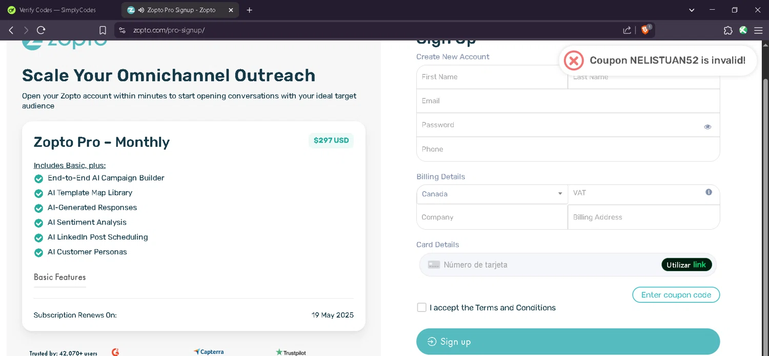 Zopto coupon code screenshot showing code NELISTUAN52 applied at Zopto checkout page. Uploaded by SimplyCodes community member Estefani4 on Apr 20, 2025