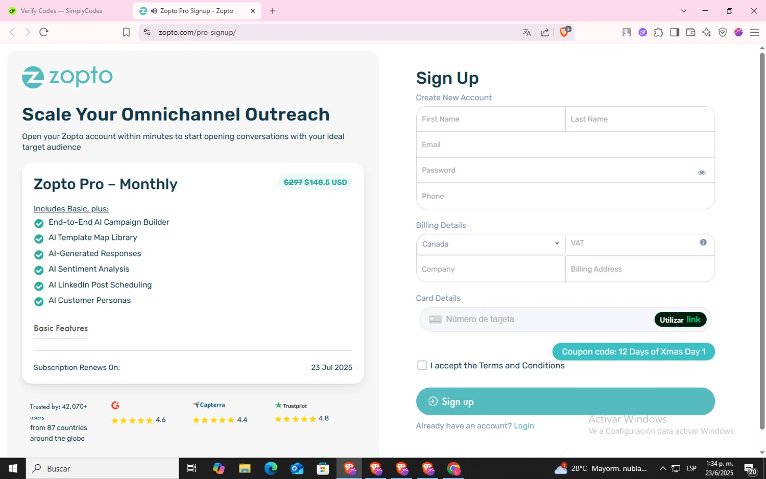 Zopto coupon code screenshot showing code START50 applied at Zopto checkout page. Uploaded by SimplyCodes community member CodeLynx5272 on Jun 23, 2025