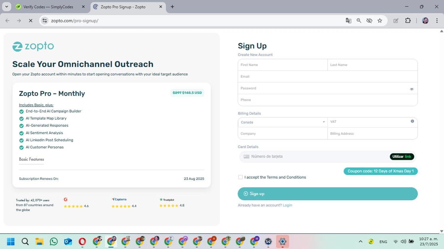 Zopto coupon code screenshot showing code START50 applied at Zopto checkout page. Uploaded by SimplyCodes community member MarielisPb on Jul 23, 2025