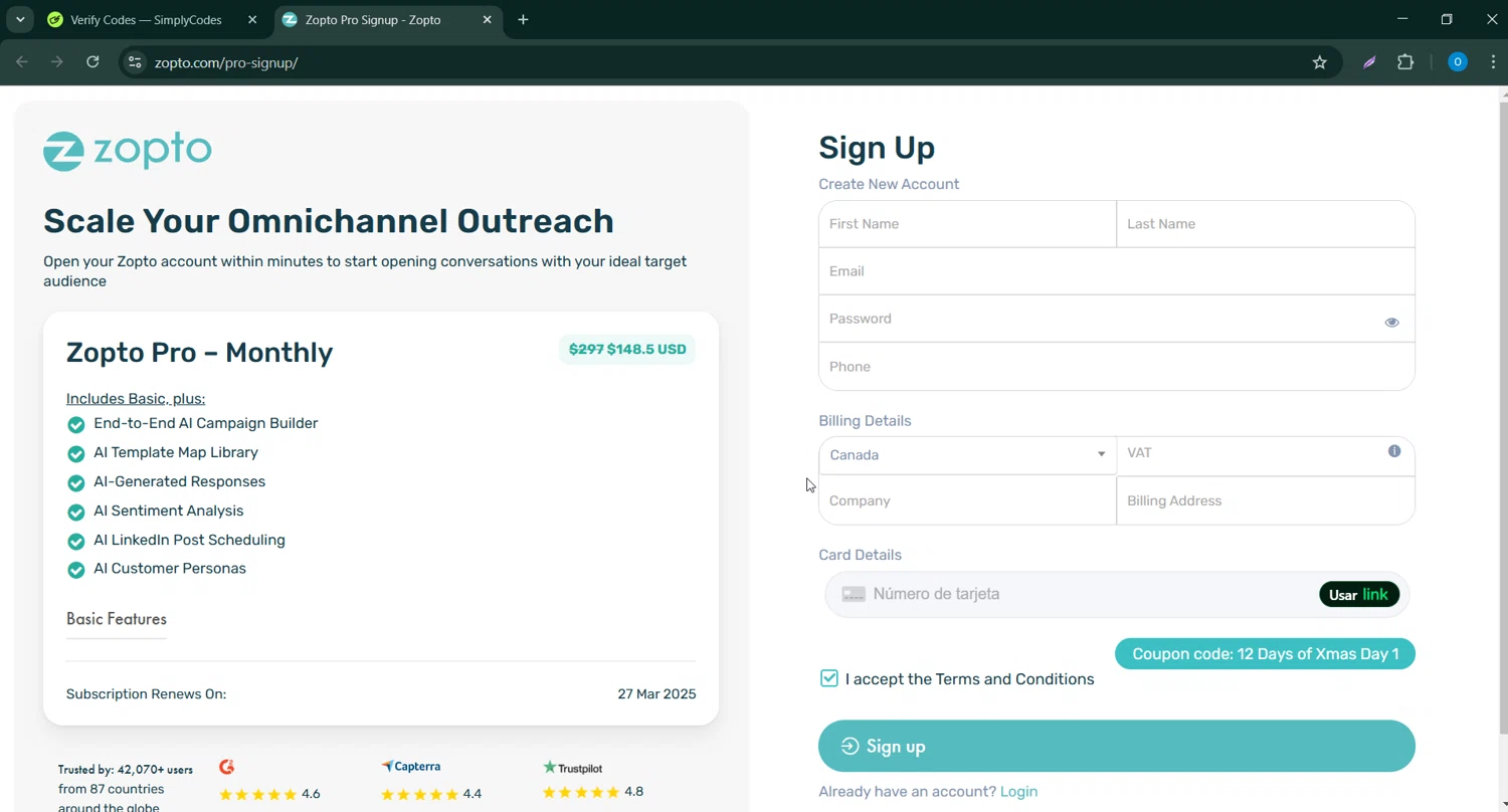 Zopto checkout page showing Zopto coupon code box | Screenshot taken by SimplyCodes community member on Feb 27, 2025