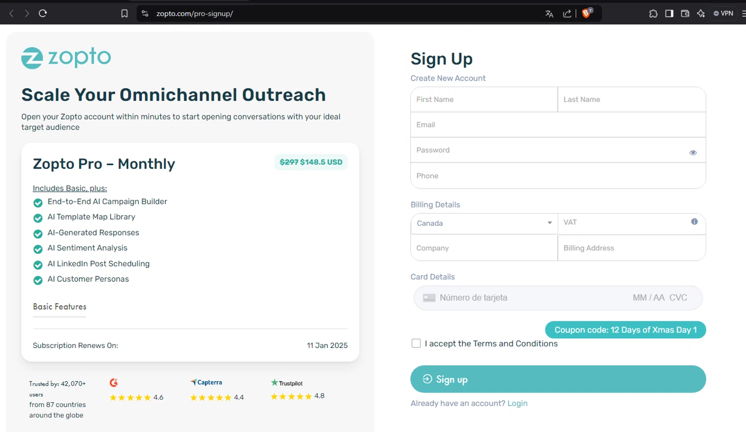 Zopto checkout page showing Zopto coupon code box | Screenshot taken by SimplyCodes community member on Dec 12, 2024