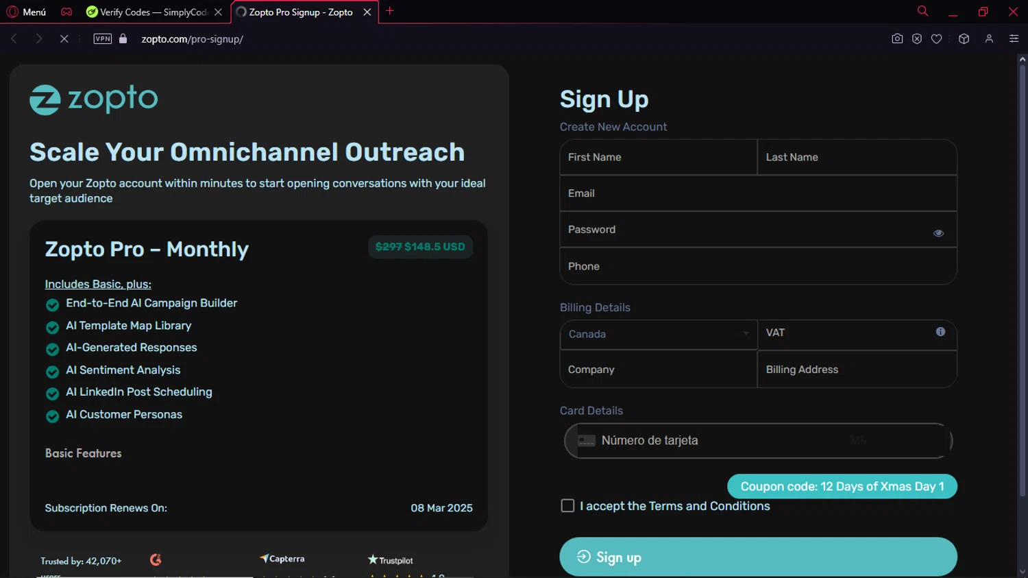 Zopto checkout page showing Zopto coupon code box | Screenshot taken by SimplyCodes community member on Feb 8, 2025
