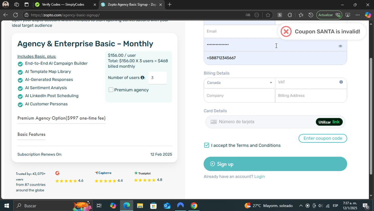 Zopto coupon code screenshot showing code SANTA applied at Zopto checkout page. Uploaded by SimplyCodes community member WonderKnight7884 on Jan 12, 2025
