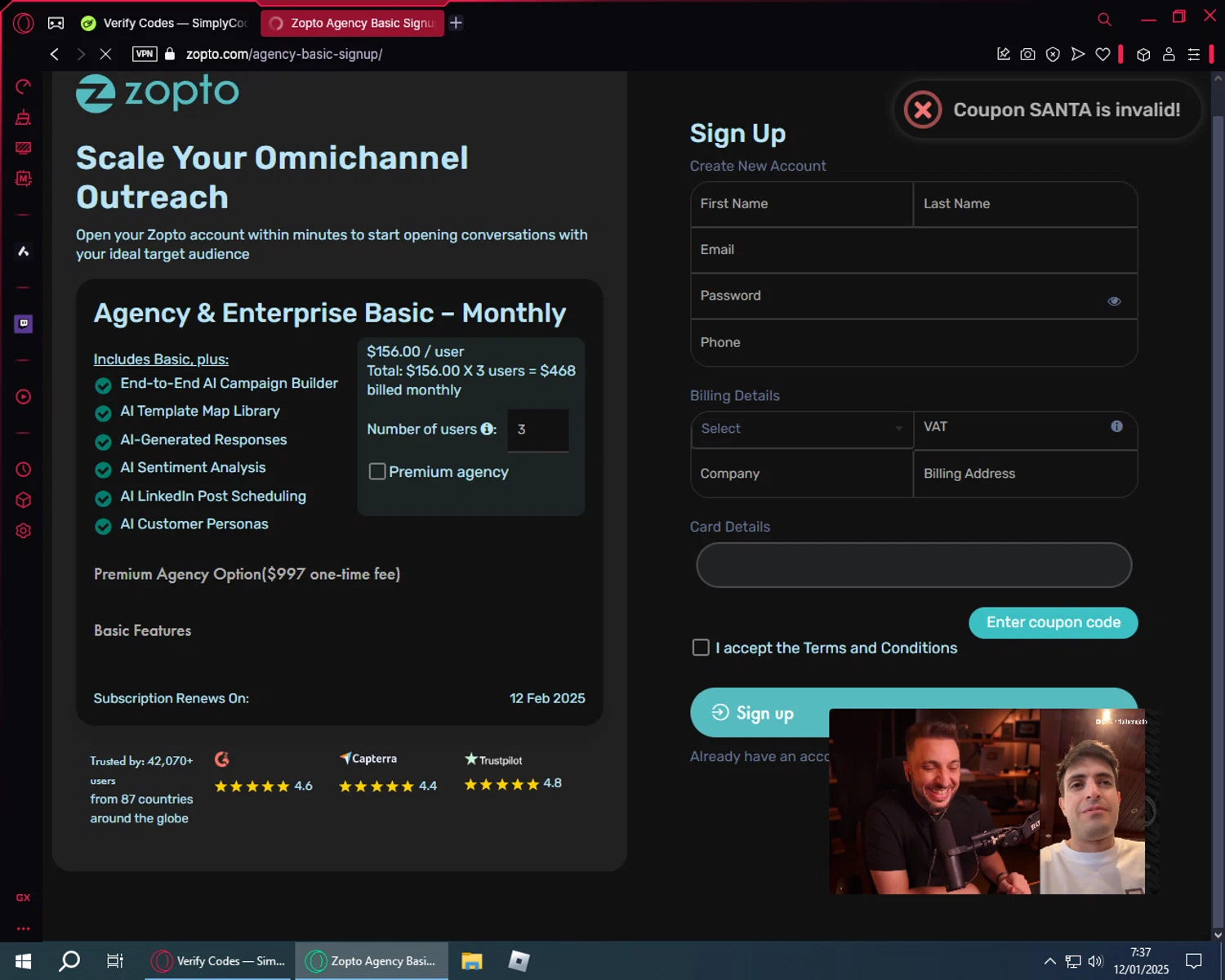 Zopto coupon code screenshot showing code SANTA applied at Zopto checkout page. Uploaded by SimplyCodes community member DiscountFinder7150 on Jan 12, 2025