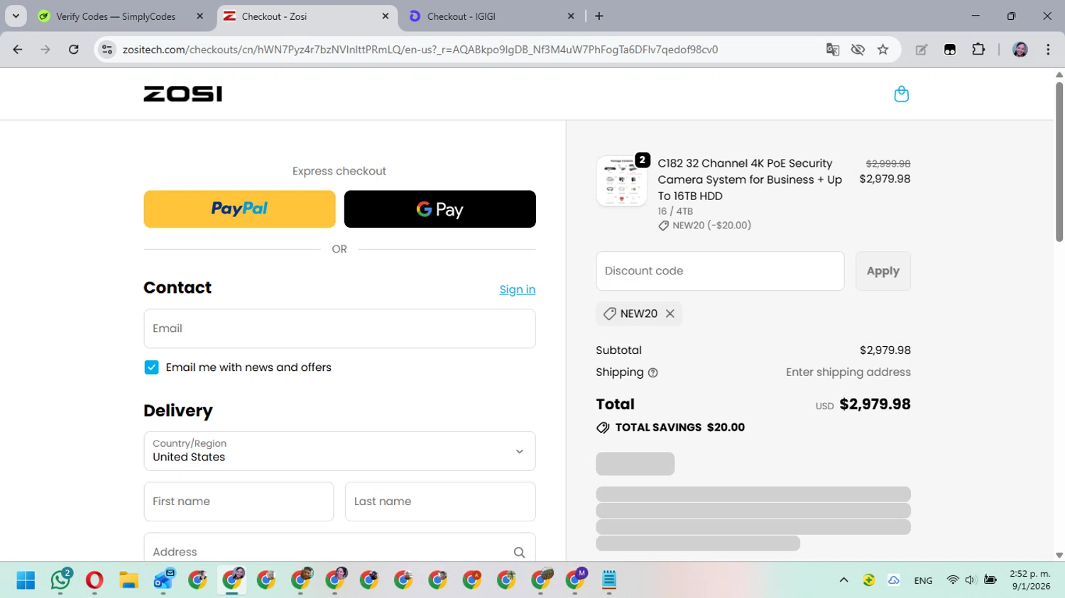 Zosi promo code screenshot showing code NEW20 applied at Zosi checkout page. Uploaded by SimplyCodes community member MarielisPb on Jan 9, 2026