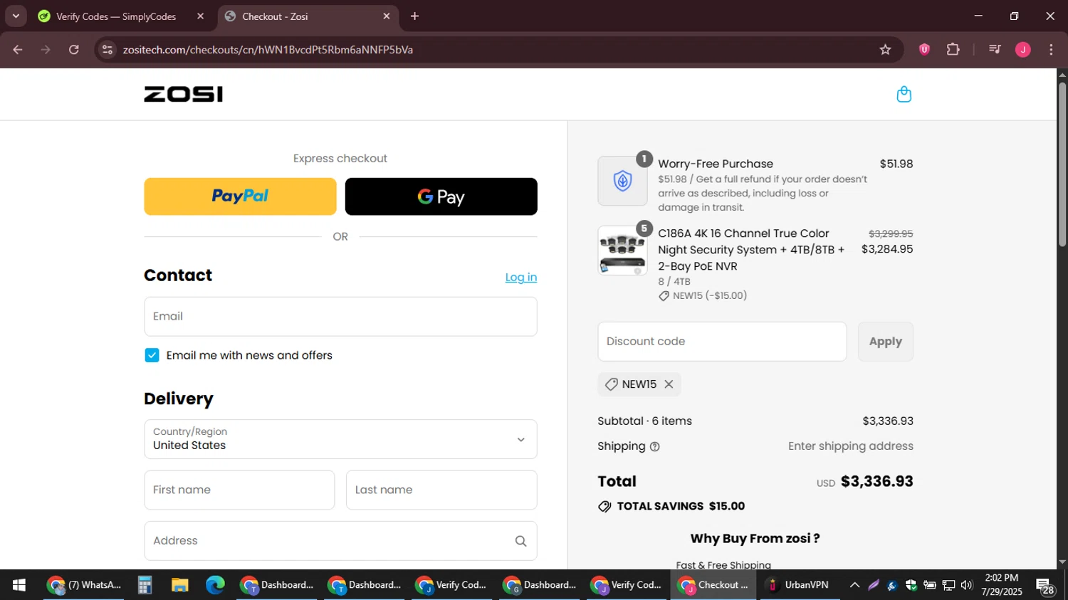 Zosi coupon code screenshot showing code NEW15 applied at Zosi checkout page. Uploaded by SimplyCodes community member JackWilson63 on Jul 29, 2025