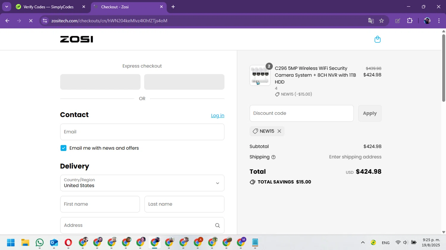 Zosi coupon code screenshot showing code NEW15 applied at Zosi checkout page. Uploaded by SimplyCodes community member Marielis on Aug 20, 2025