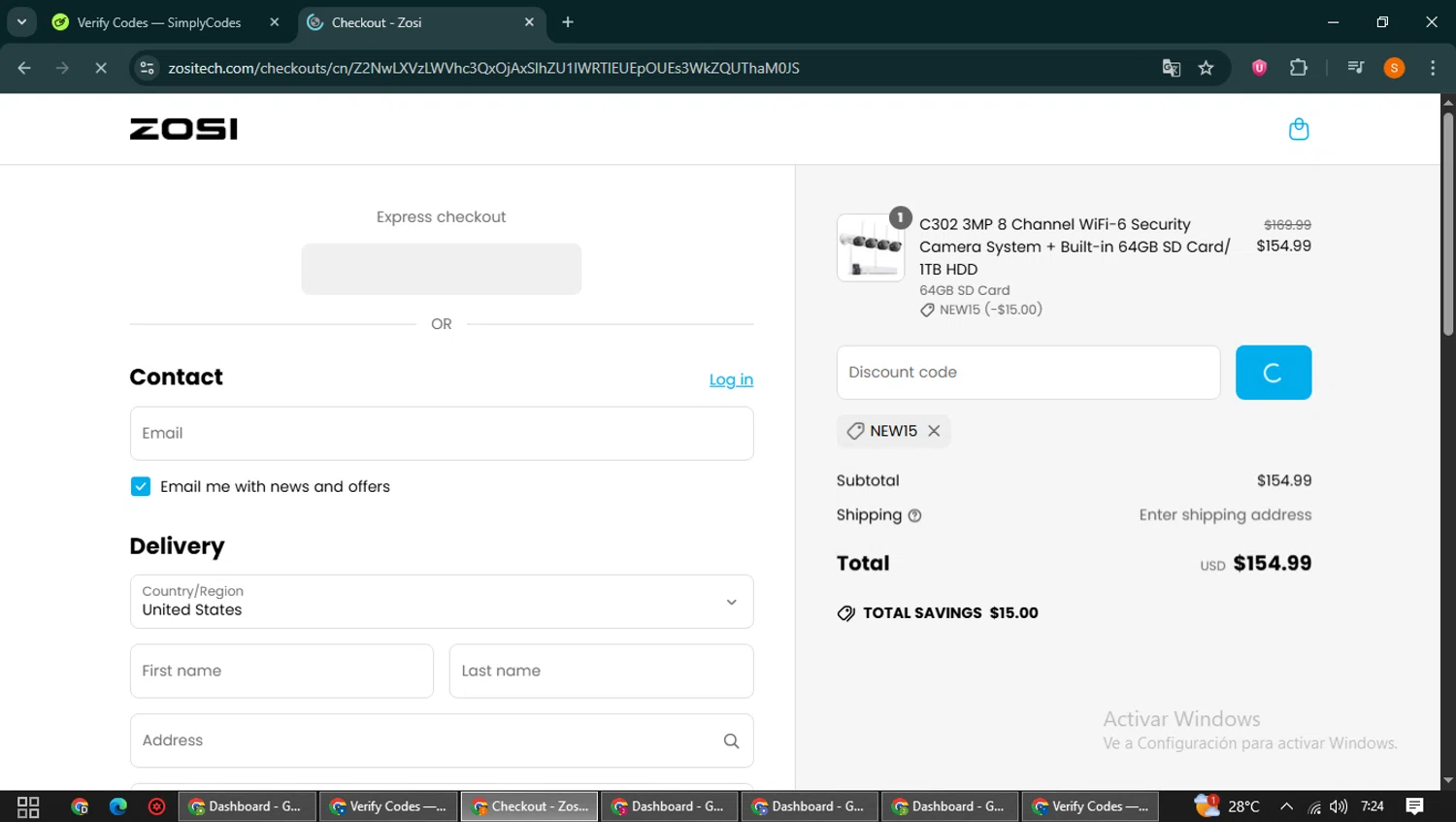 Zosi coupon code screenshot showing code NEW15 applied at Zosi checkout page. Uploaded by SimplyCodes community member QuestCaptain8930 on Jun 17, 2025