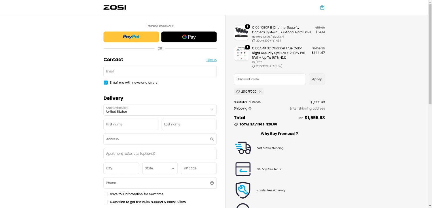 Zosi coupon code screenshot showing code 20OFF200 applied at Zosi checkout page. Uploaded by SimplyCodes community member DealHunter6996 on Nov 17, 2025