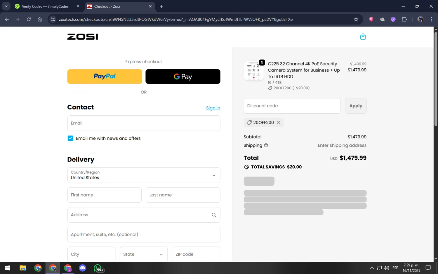 Zosi coupon code screenshot showing code 20OFF200 applied at Zosi checkout page. Uploaded by SimplyCodes community member akamiguel on Nov 16, 2025