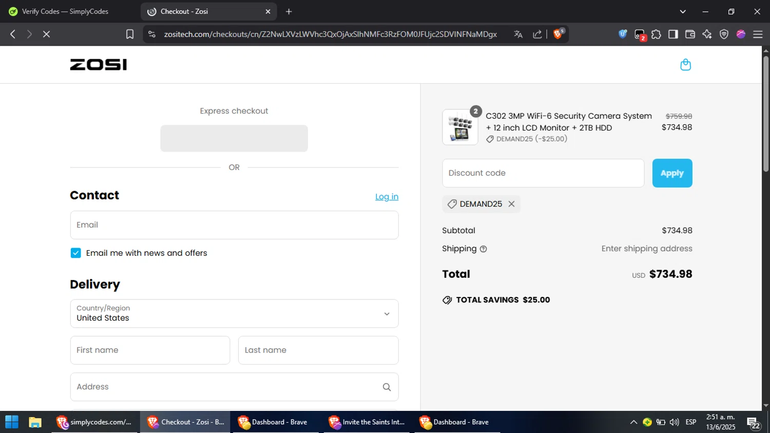 Zosi coupon code screenshot showing code Demand25 applied at Zosi checkout page. Uploaded by SimplyCodes community member Cynoxx on Jun 13, 2025