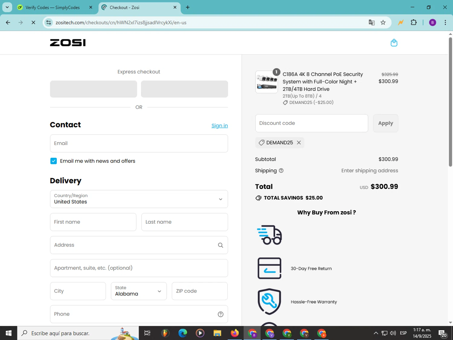 Zosi coupon code screenshot showing code Demand25 applied at Zosi checkout page. Uploaded by SimplyCodes community member Soyvictor on Sep 14, 2025