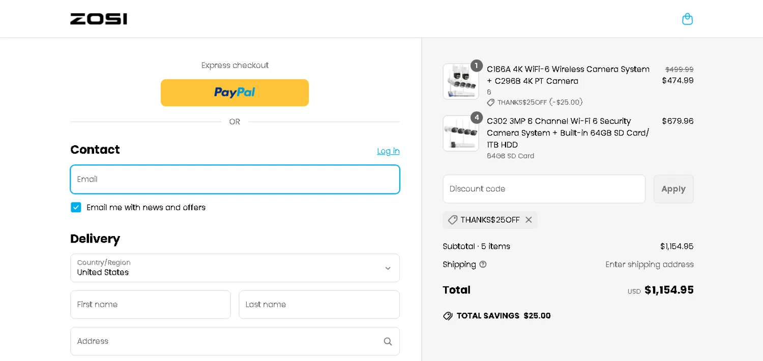 Zosi coupon code screenshot showing code THANKS$25off applied at Zosi checkout page. Uploaded by SimplyCodes community member CashAce9852 on May 28, 2025