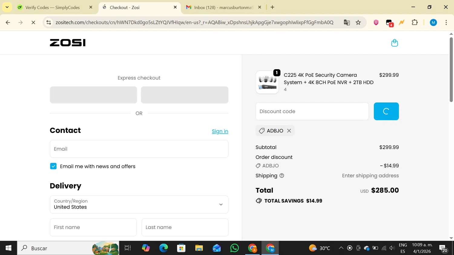 Zosi coupon code screenshot showing code ADBJO applied at Zosi checkout page. Uploaded by SimplyCodes community member LegendaryAce4371 on Jan 4, 2026