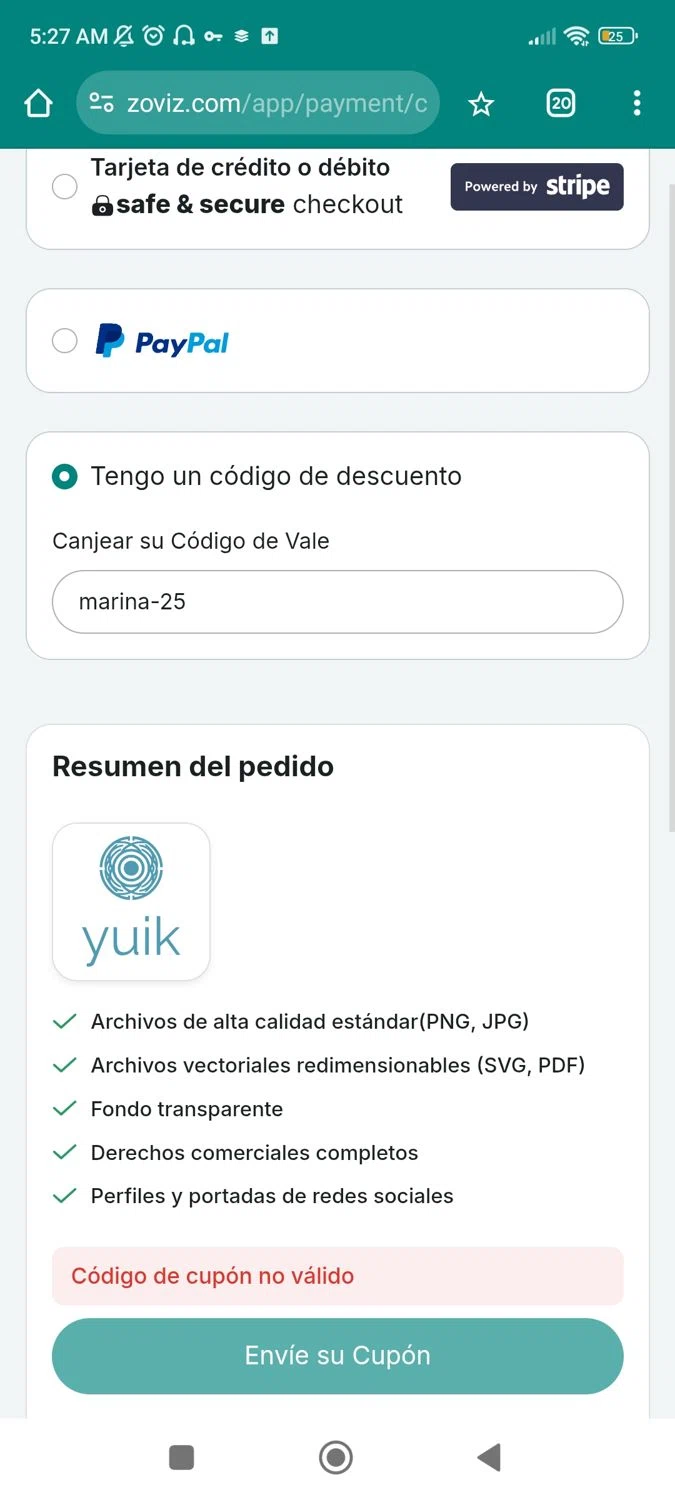 Zoviz coupon code screenshot showing code marina-25 applied at Zoviz checkout page. Uploaded by SimplyCodes community member Josemedina on Feb 26, 2025