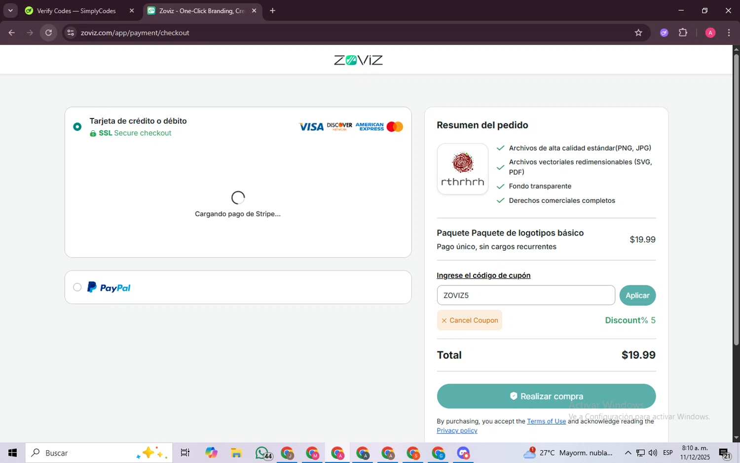 Zoviz coupon code screenshot showing code ZOVIZ5 applied at Zoviz checkout page. Uploaded by SimplyCodes community member SaleScholar6713 on Dec 11, 2025