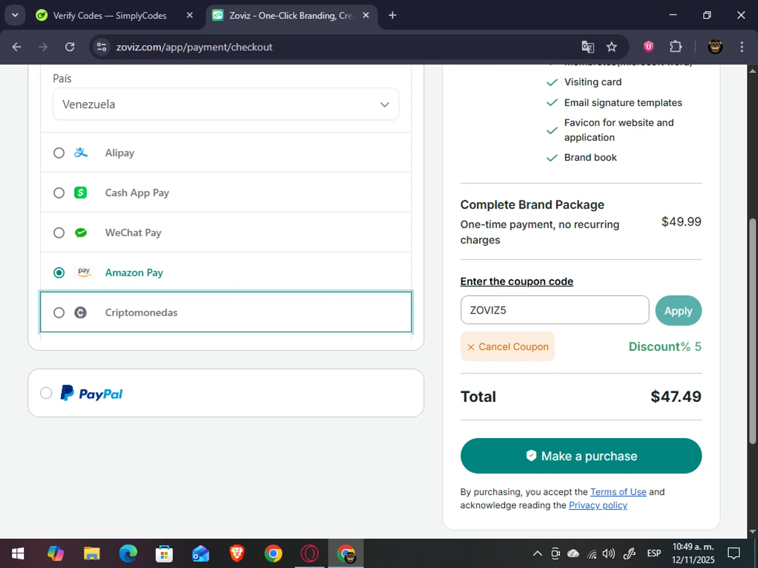 Zoviz coupon code screenshot showing code ZOVIZ5 applied at Zoviz checkout page. Uploaded by SimplyCodes community member abrahanv on Nov 12, 2025
