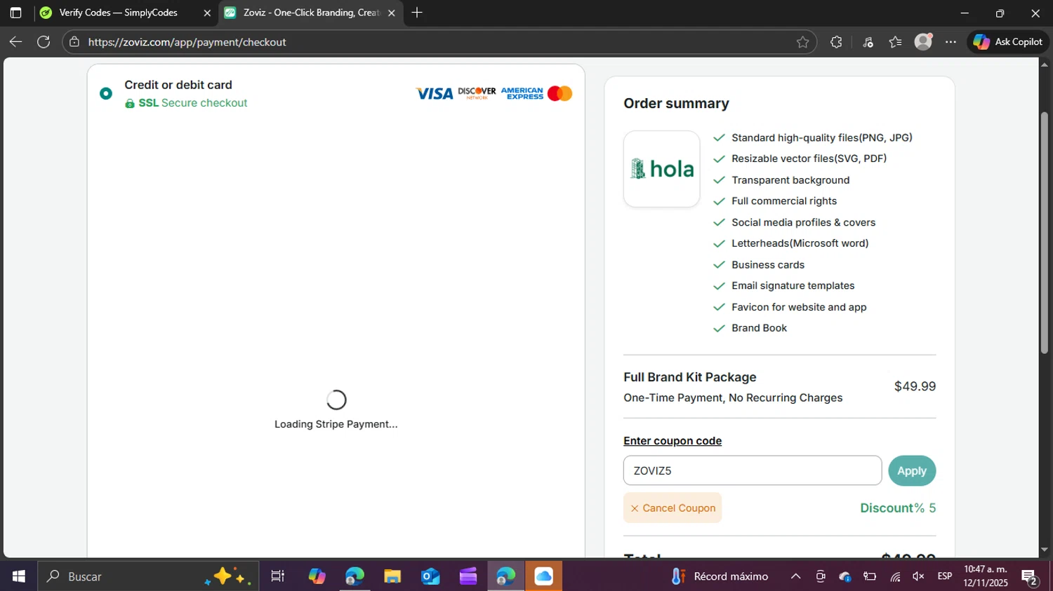 Zoviz coupon code screenshot showing code ZOVIZ5 applied at Zoviz checkout page. Uploaded by SimplyCodes community member swiftie on Nov 12, 2025