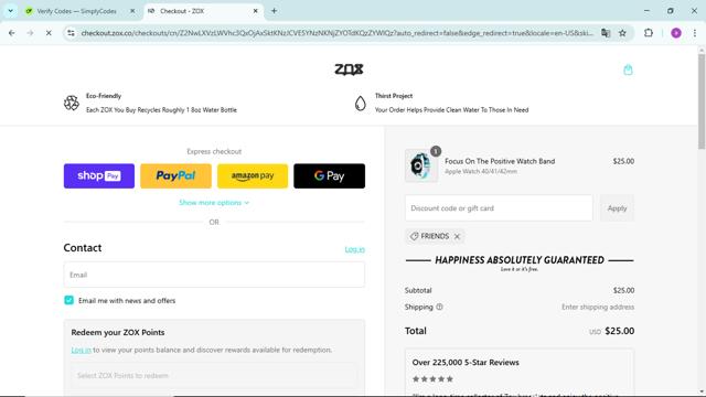 Zox checkout page showing Zox discount code box | Screenshot taken by SimplyCodes community member on Feb 8, 2025