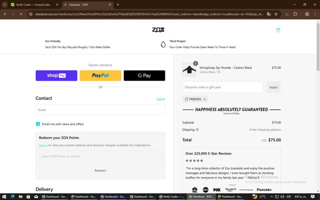Zox checkout page showing Zox discount code box | Screenshot taken by SimplyCodes community member on Jan 5, 2025