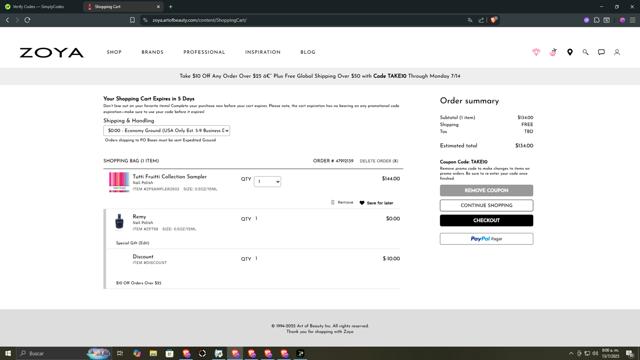 Zoya checkout page showing Zoya promo code box | Screenshot taken by SimplyCodes community member on Jul 13, 2025