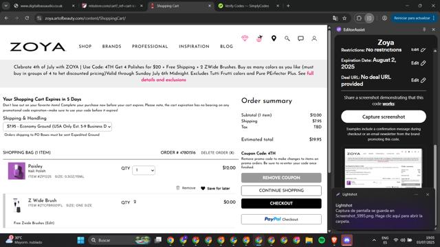 Zoya checkout page showing Zoya promo code box | Screenshot taken by SimplyCodes community member on Jul 3, 2025