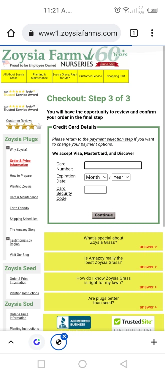 Zoysia Farms checkout page showing Zoysia Farms promo code box | Screenshot taken by SimplyCodes community member on Mar 15, 2022
