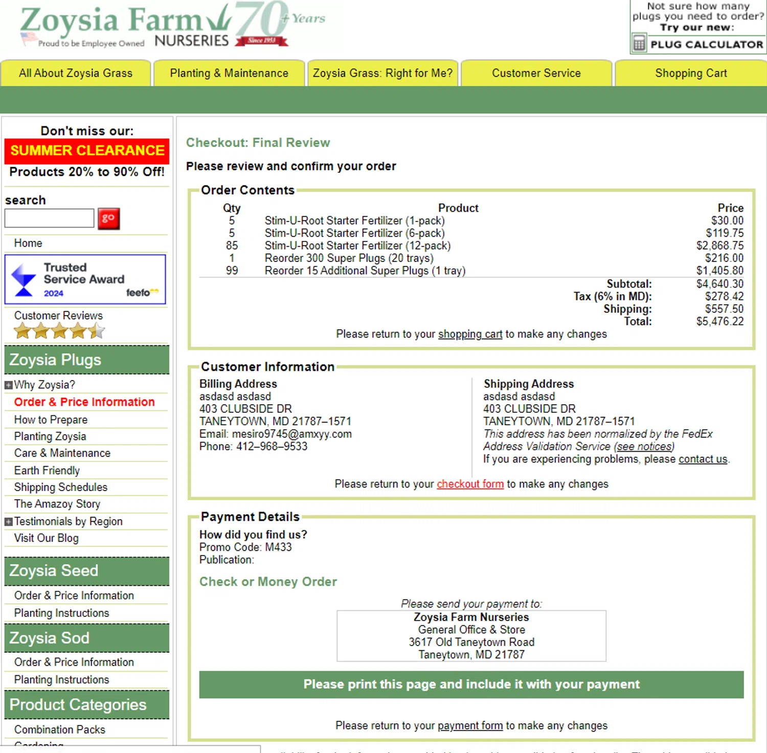 Zoysia Farms checkout page showing Zoysia Farms promo code box | Screenshot taken by SimplyCodes community member on Aug 24, 2024