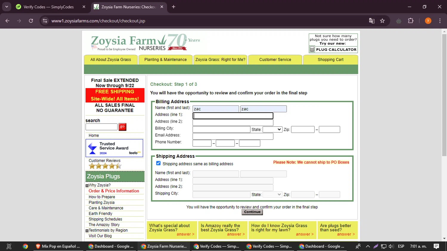 Zoysia Farms checkout page showing Zoysia Farms promo code box | Screenshot taken by SimplyCodes community member on Sep 22, 2024