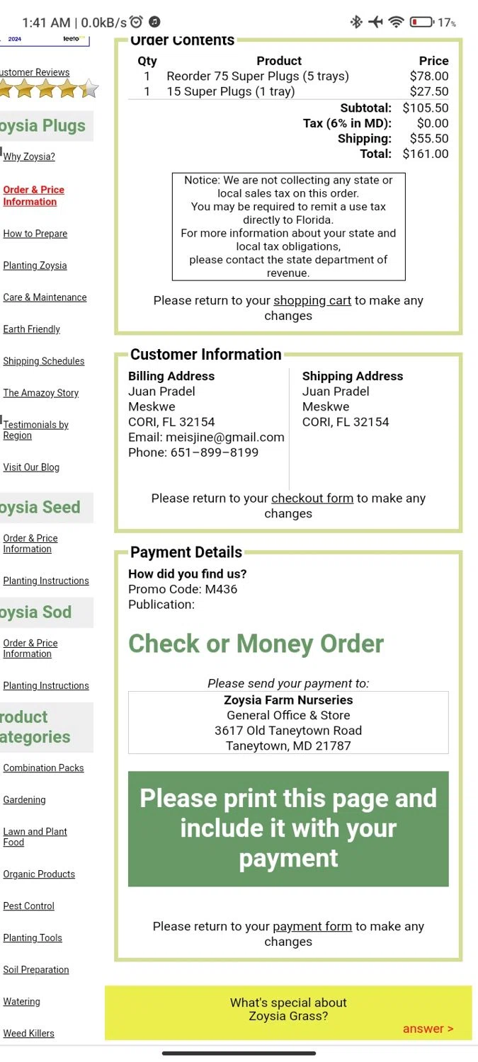 Zoysia Farms checkout page showing Zoysia Farms promo code box | Screenshot taken by SimplyCodes community member on Jul 26, 2024