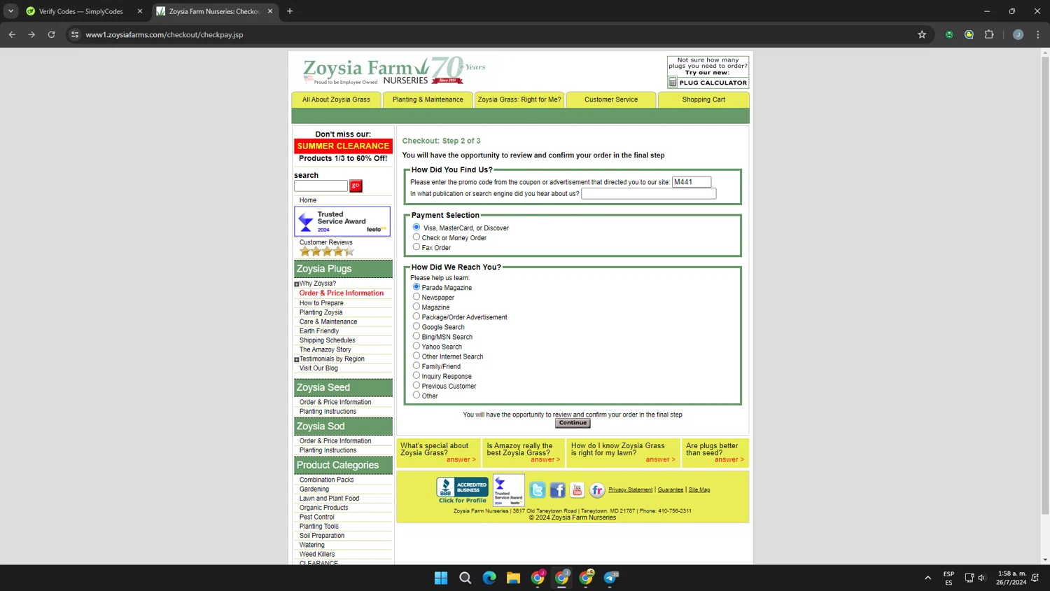 Zoysia Farms checkout page showing Zoysia Farms promo code box | Screenshot taken by SimplyCodes community member on Jul 26, 2024
