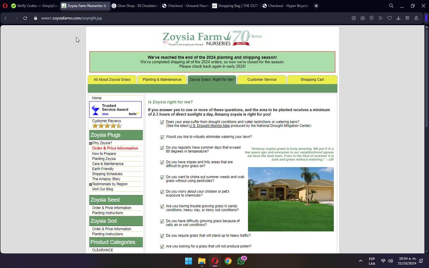 Zoysia Farms checkout page showing Zoysia Farms promo code box | Screenshot taken by SimplyCodes community member on Oct 21, 2024