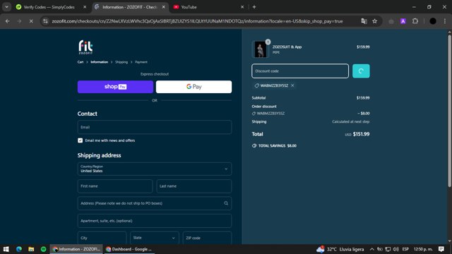 ZOZOFIT checkout page showing ZOZOFIT promo code box | Screenshot taken by SimplyCodes community member on Mar 19, 2025