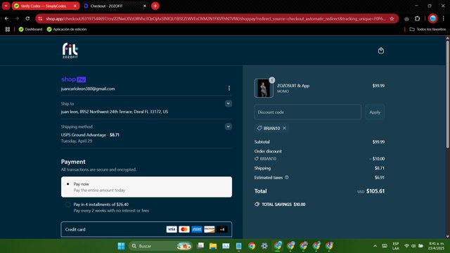 ZOZOFIT checkout page showing ZOZOFIT promo code box | Screenshot taken by SimplyCodes community member on Apr 23, 2025