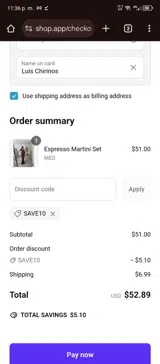 SAVE10 coupon verification screenshot