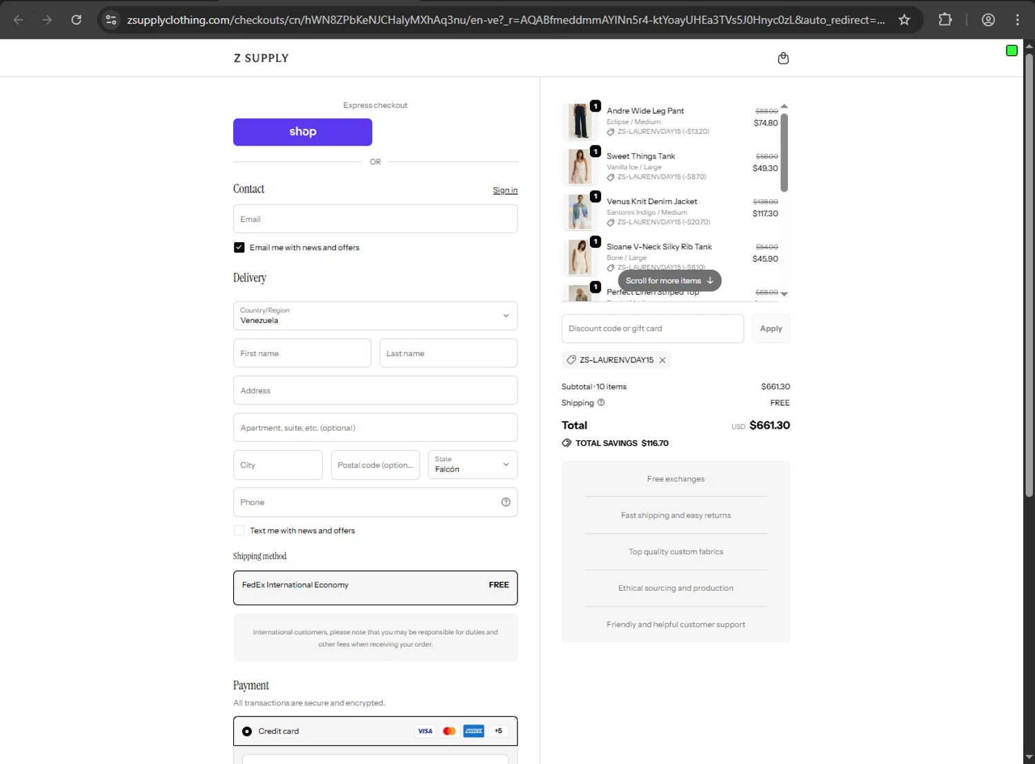 Z Supply Clothing checkout page showing Z Supply Clothing promo code box | Screenshot taken by SimplyCodes community member on Feb 9, 2026