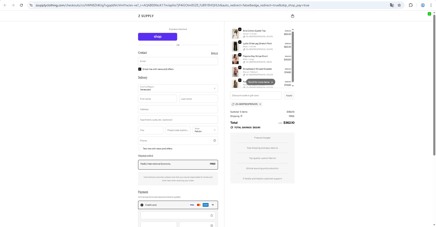 Z Supply Clothing checkout page showing Z Supply Clothing promo code box | Screenshot taken by SimplyCodes community member on Feb 9, 2026